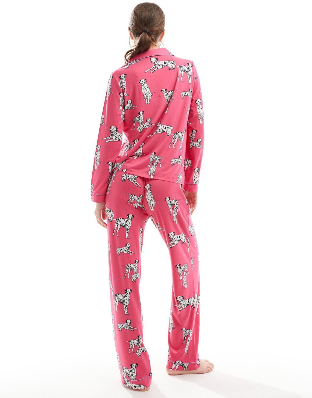 Chelsea Peers Exclusive jersey dalmatian print button top and pants pajama set in hot pink Product Image