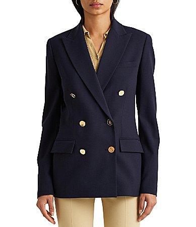 Lauren Ralph Lauren Stretch Crepe Wool Blend Notch Lapel Long Sleeve Double Breasted Blazer Product Image