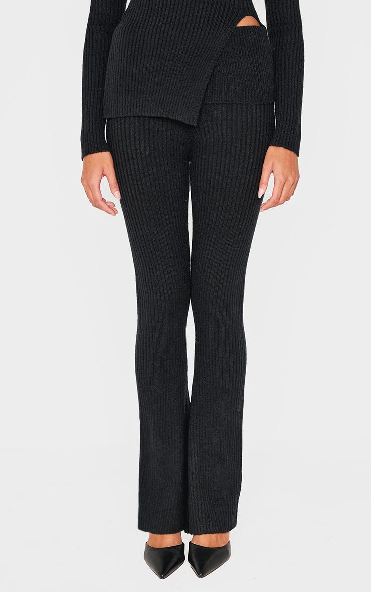 Black Flared Leg Knitted Fold Over Waist Pants Product Image