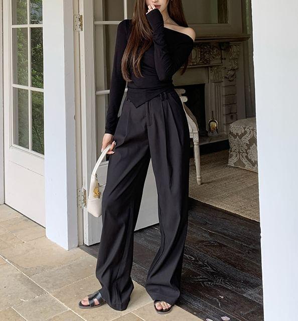 Long-Sleeve Off-Shoulder Plain Asymmetrical Slim Fit Tee / High Rise Wide Leg Suit Pants Product Image