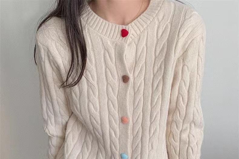 Round Neck Plain Buttoned Cable Knitted Cardigan Product Image