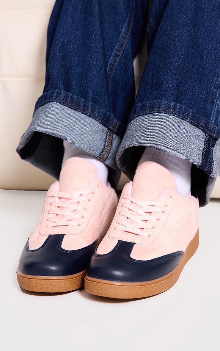 Pink and Blue PU Contrast Panel Lace Up Sneakers Product Image