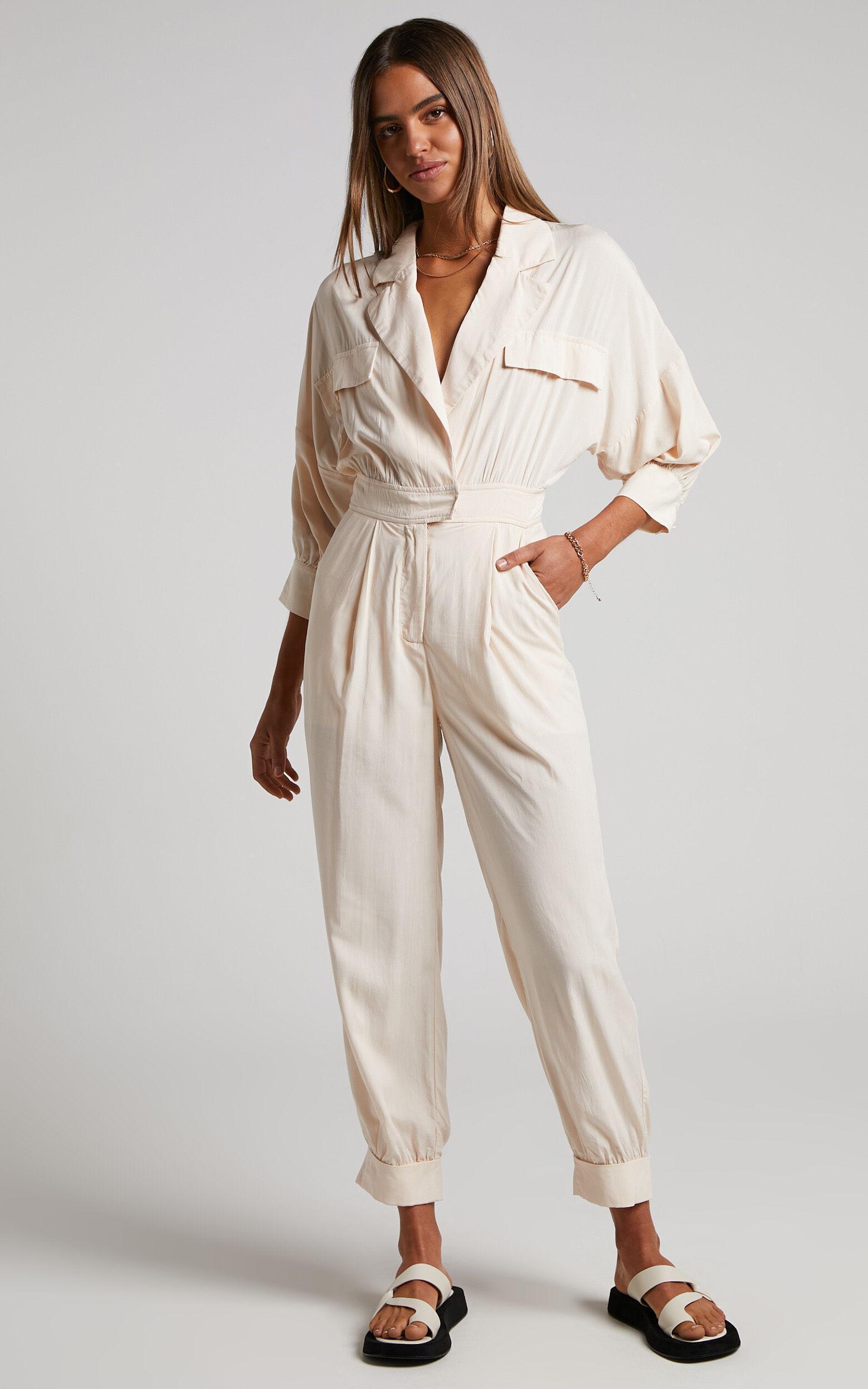 Ayelin Jumpsuit - Linen Look Relaxed 3/4 Sleeve Jumpsuit in Cream Product Image