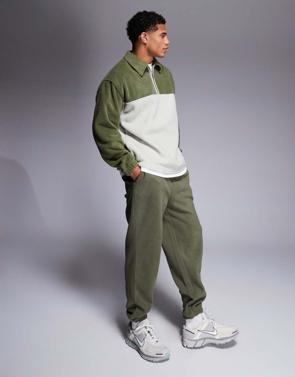 ASOS DESIGN tapered fleece sweatpants in khaki Product Image