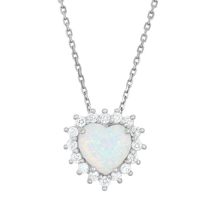 Lab-Created Opal & Cubic Zirconia Sterling Silver Heart Halo Pendant Necklace, Womens White Product Image