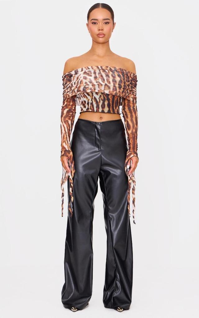 Brown Leopard Mesh Ultra Long Drape Sleeve Crop Top Product Image