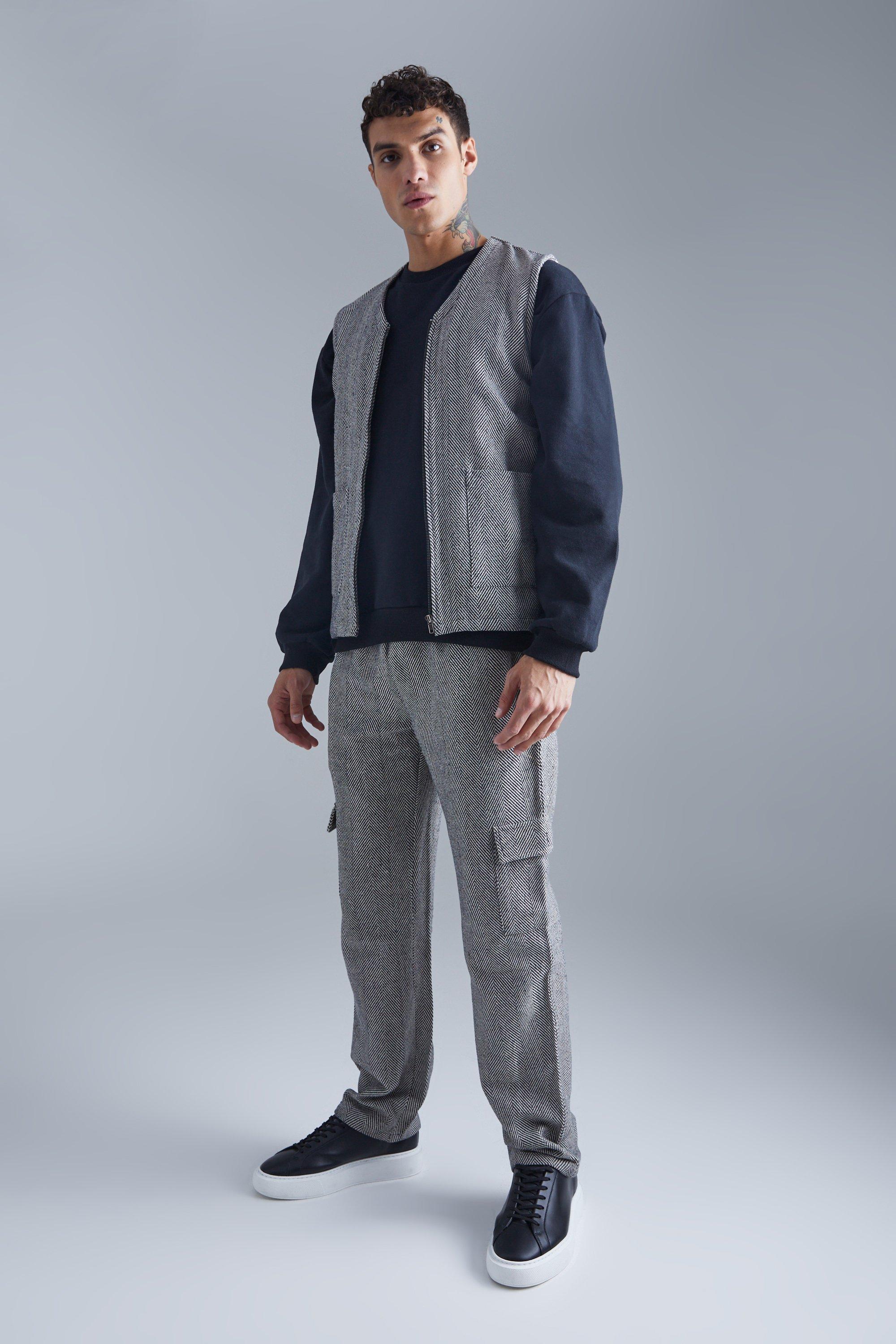 Herringbone Utility Vest And Cargo Pants Set | boohooMAN USA Product Image