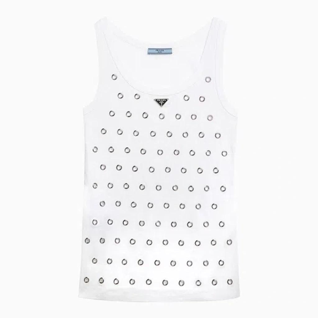 White Cotton Tank Top With Eyelets Women Product Image