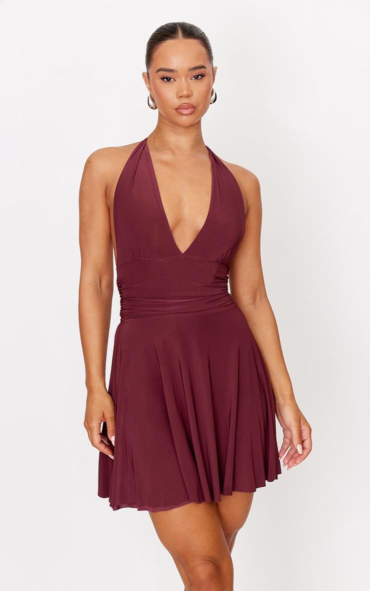 Burgundy Double Layer Slinky Halter Neck Tie Back Shift Dress product image