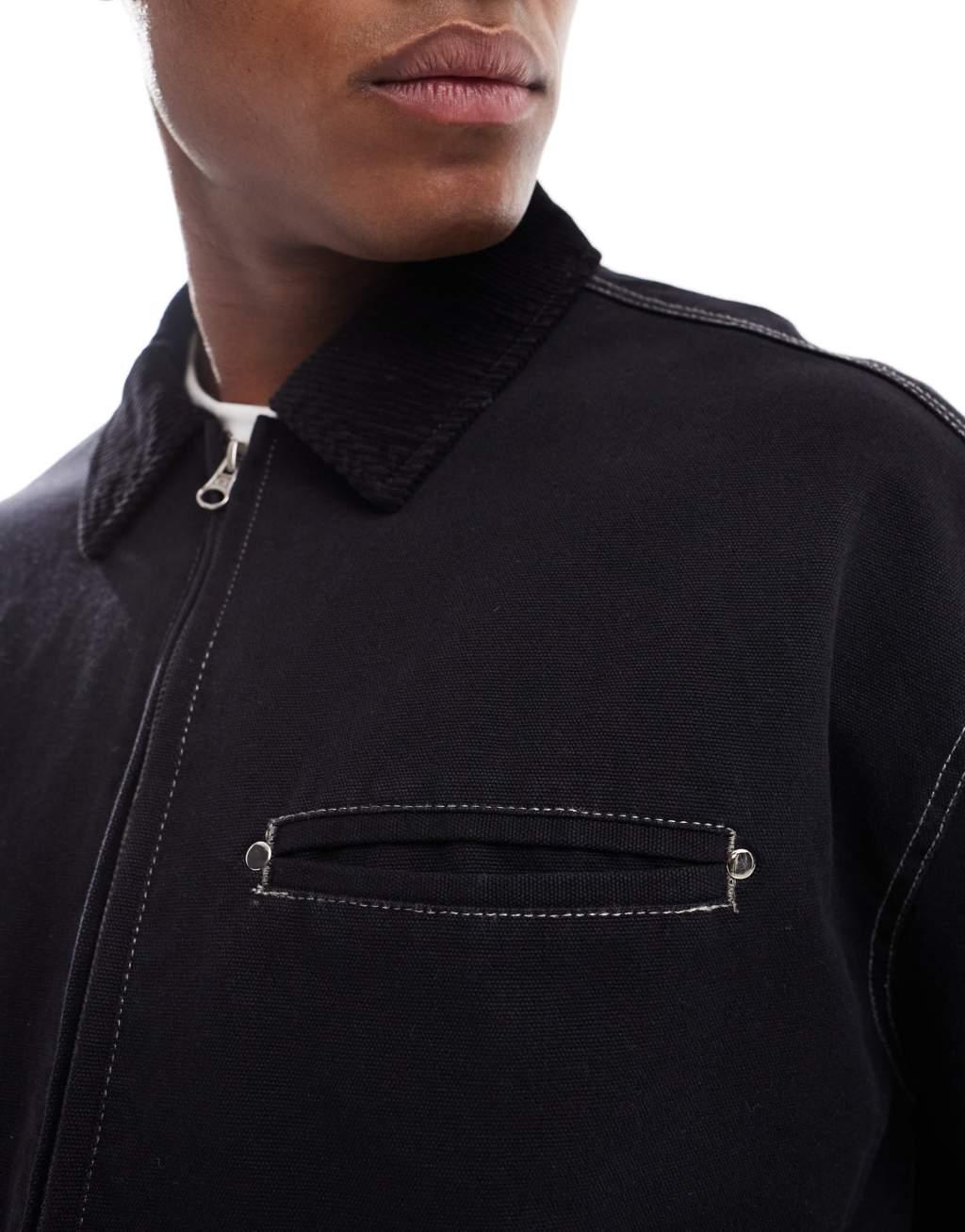 ASOS DESIGN boxy oversized cord collar harrington jacket with contrast stitch in black Product Image