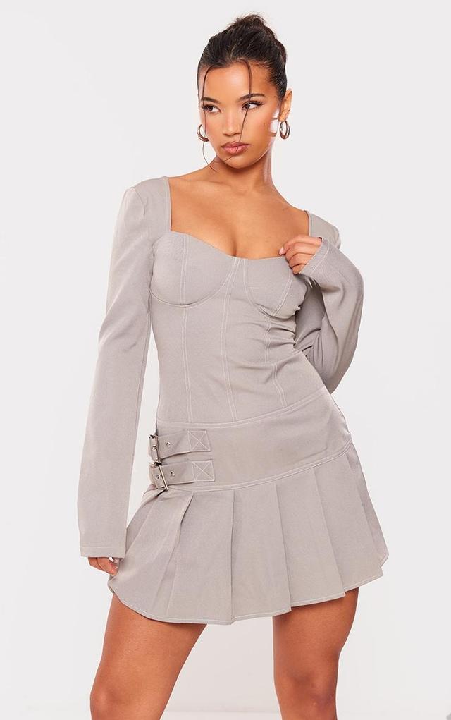 Grey Twill Buckle Contrast Stitch Pleated Shift Dress Product Image