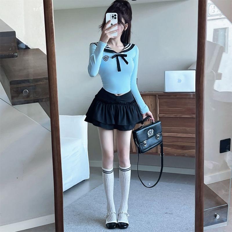 Long-Sleeve Sailor Collar Applique Striped Trim Crop Tee / Mid Waist Plain Frill Trim Layered Mini A-Line Skirt / Bow / Set Product Image