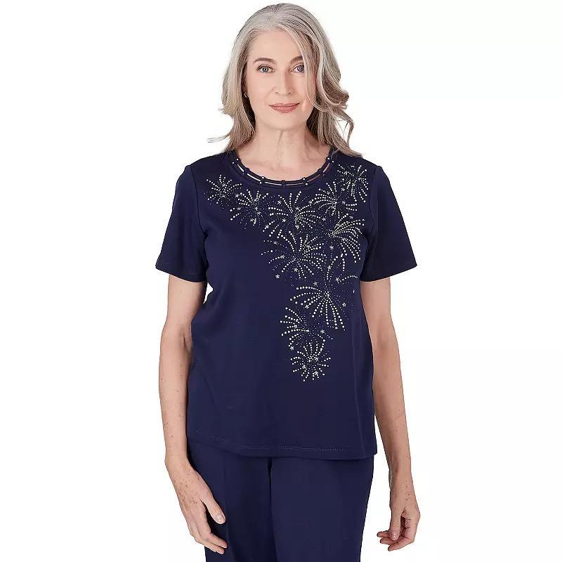 Petite Alfred Dunner Embellished Beaded Fireworks Short Sleeve Top, Womens Blue Product Image