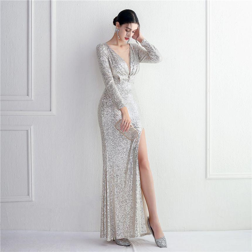 Long-Sleeve Deep Plunge Sequin Panel Mesh Slit Mermaid Evening Gown Product Image