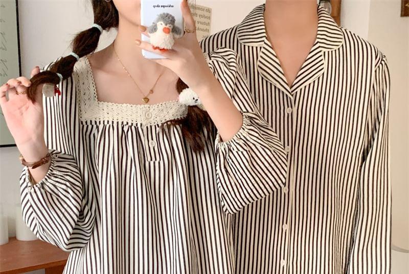 Couple Matching Long-Sleeve Striped Pajama Top / Pants / Midi Sleep Dress / Set (Various Designs) Product Image