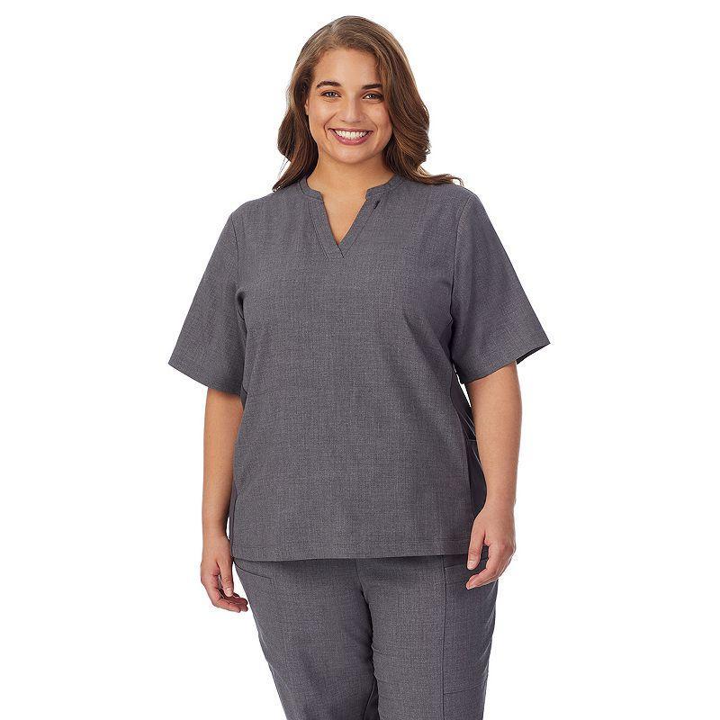 Plus Size Cuddl Duds Scrubs 4-Pocket Split Neck Top, Womens Grey Heather Gray Product Image