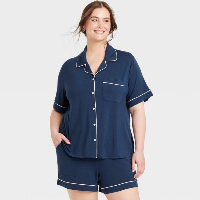 Womens Cloud Knit Short Sleeve Notch Collar Top and Shorts Pajama Set - Auden Navy Blue 3X Product Image