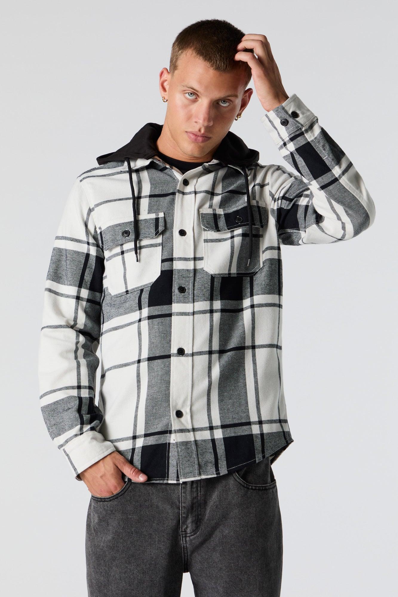 Plaid Hooded Flannel Long Sleeve Top Male Product Image