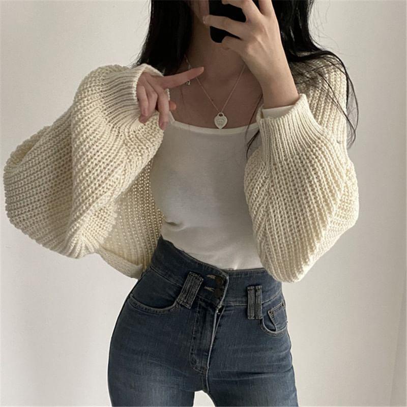 Plain Chunky Knit Open Front Crop Cardigan Product Image