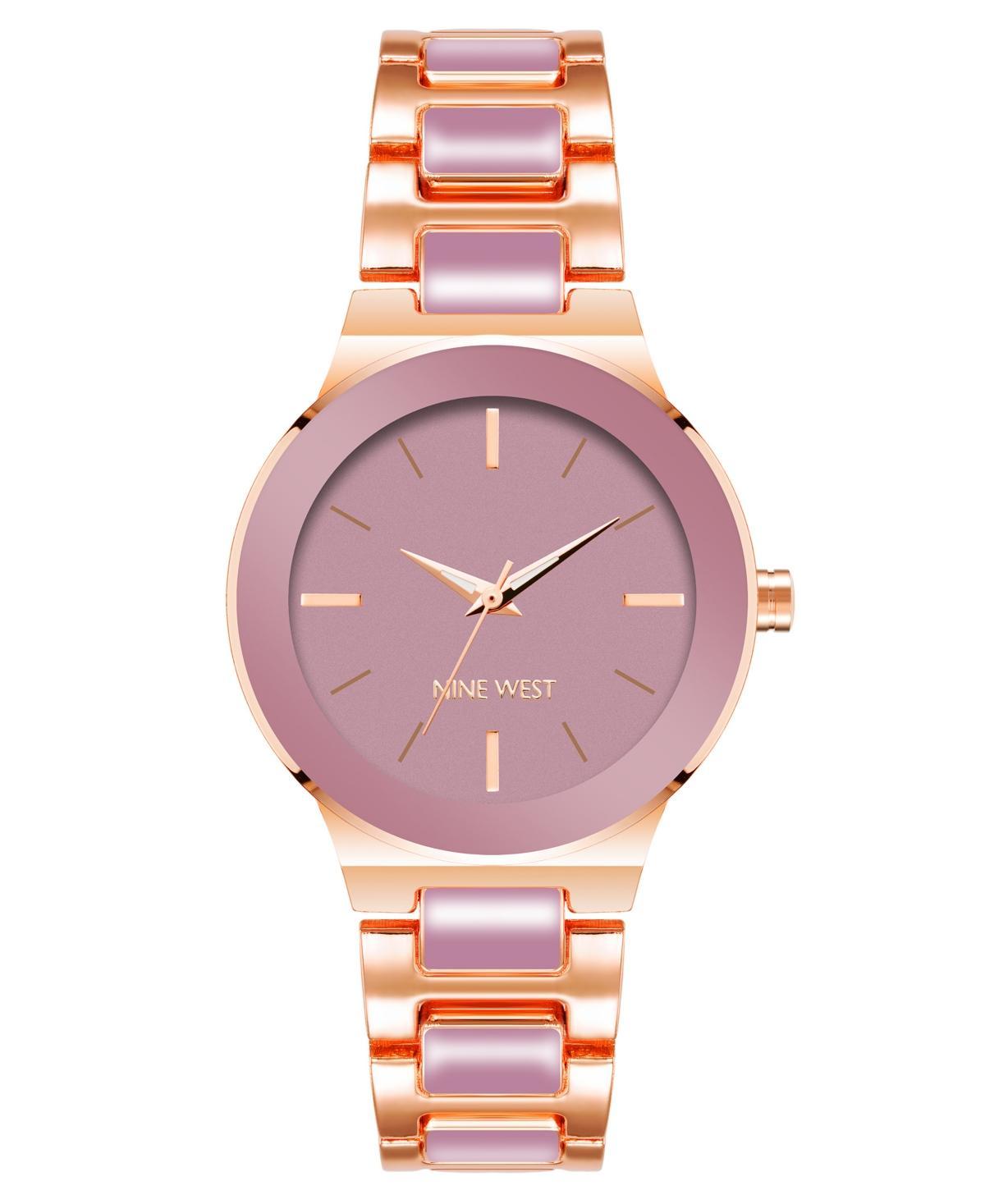 Nine West Womens Quartz Mauve Enamel and Rose Gold-Tone Alloy Link Bracelet Watch, 34mm - Mauve, Rose Gold-Tone Product Image