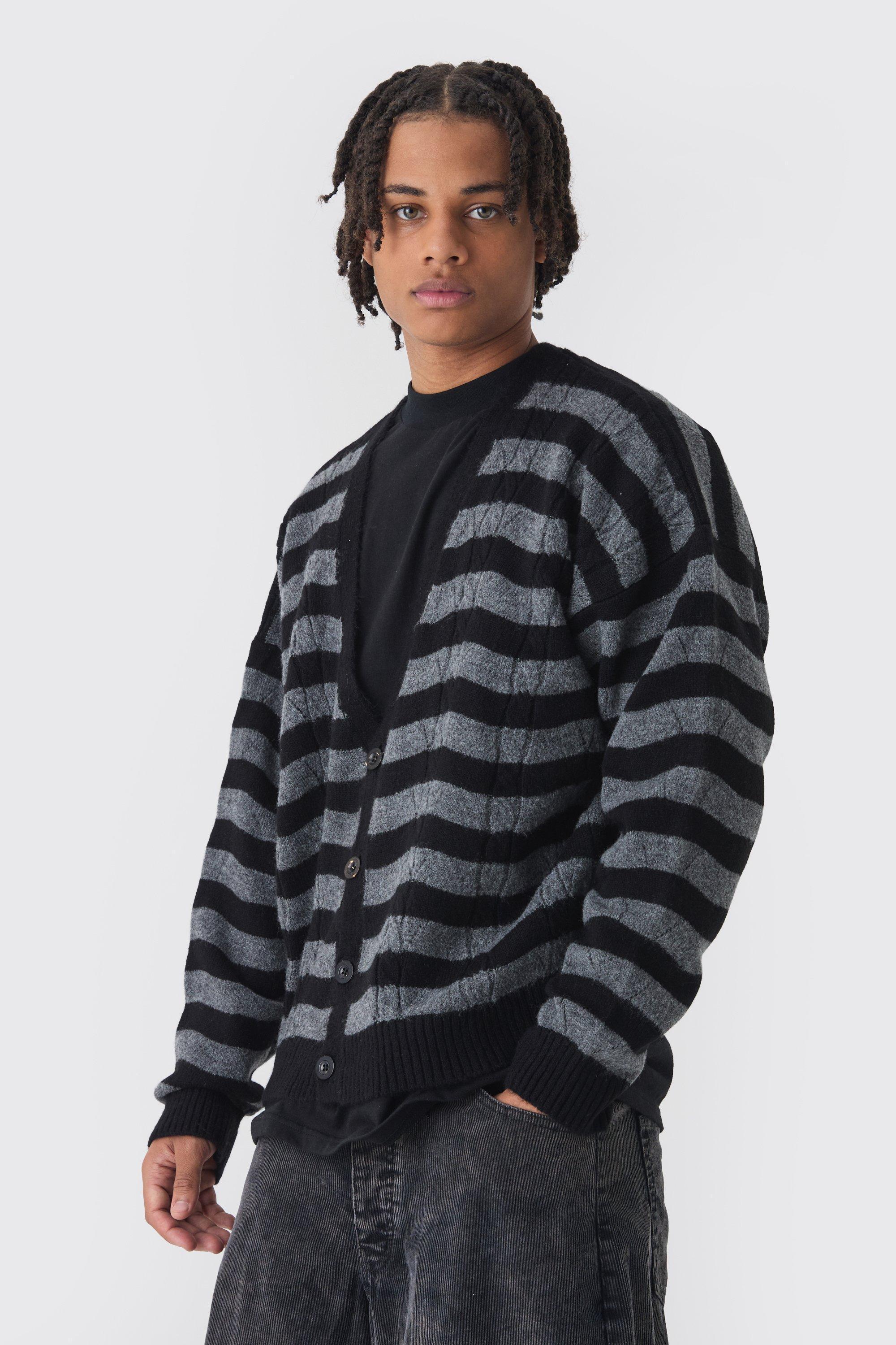 Striped Boxy Brushed Cable Knit Cardigan | boohooMAN USA Product Image