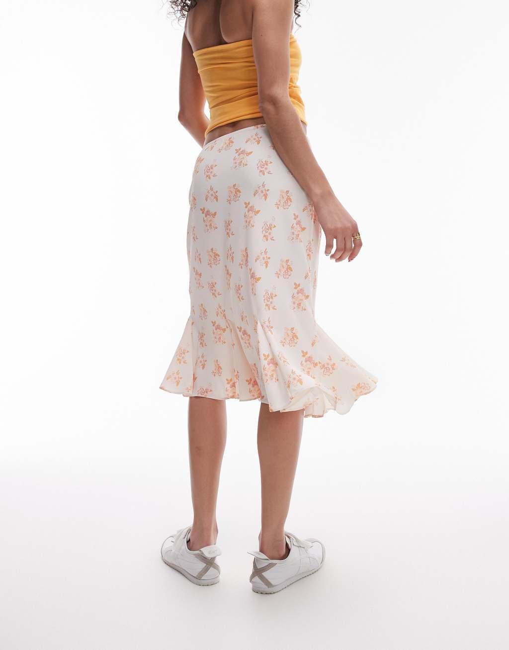 Topshop over the knee double ruffle skirt in amber floral Product Image