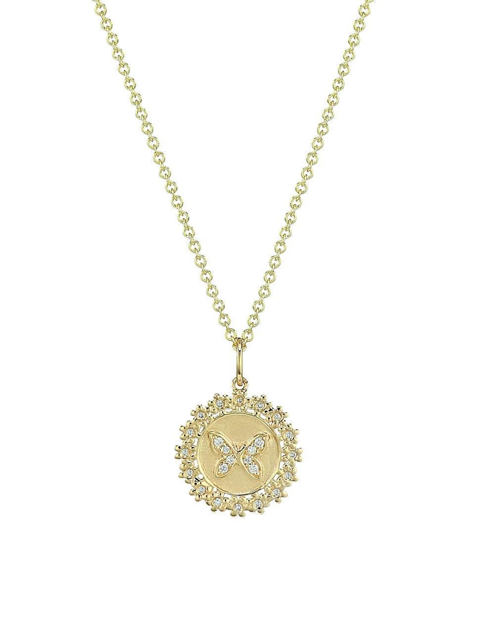 Womens 14K Yellow Gold & Diamond Daisy-Trimmed Small Bee Coin Pendant Necklace Product Image