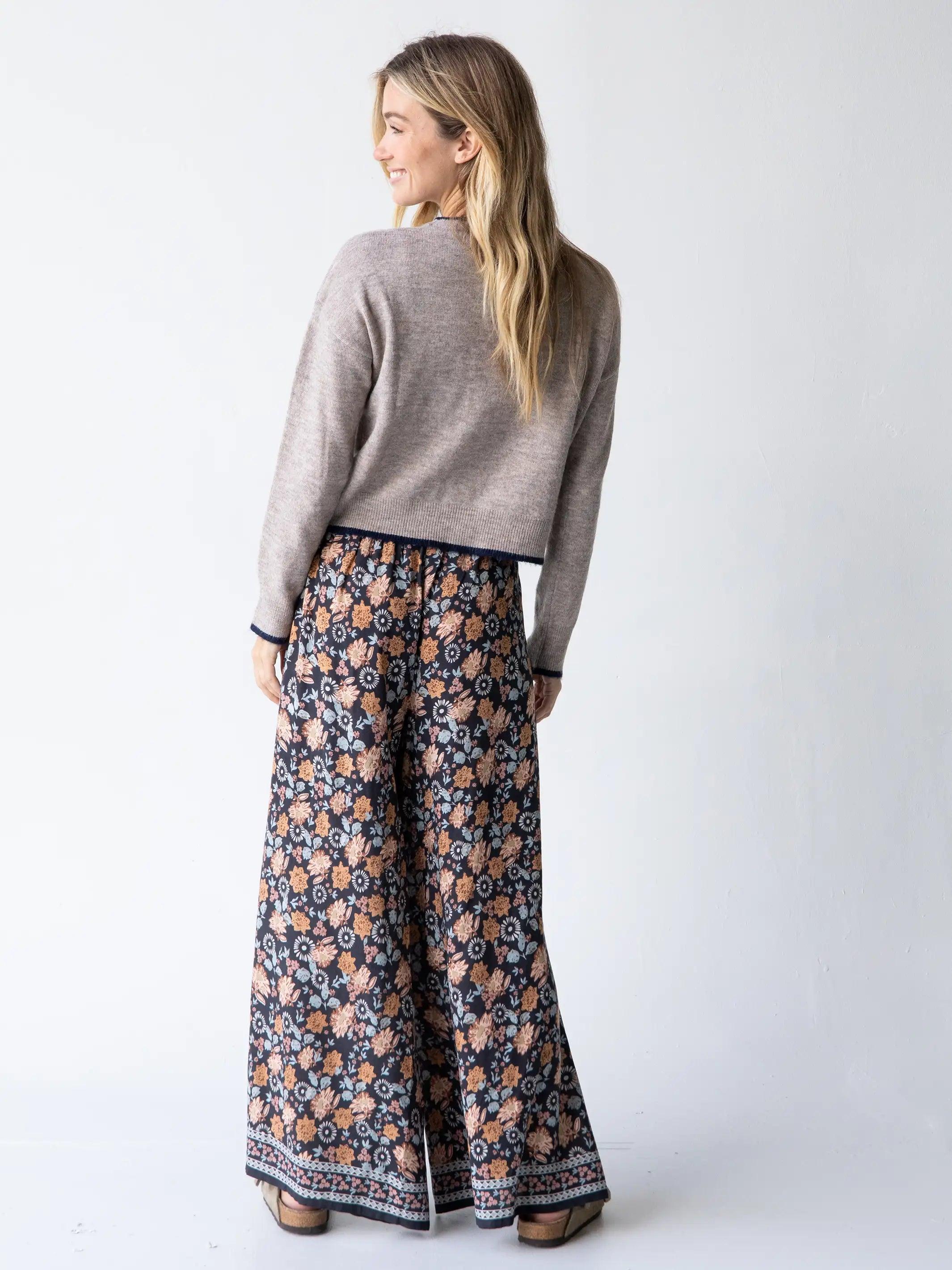 Go With The Flow Wide Leg Pant - Charcoal Light Blue Floral Border Product Image