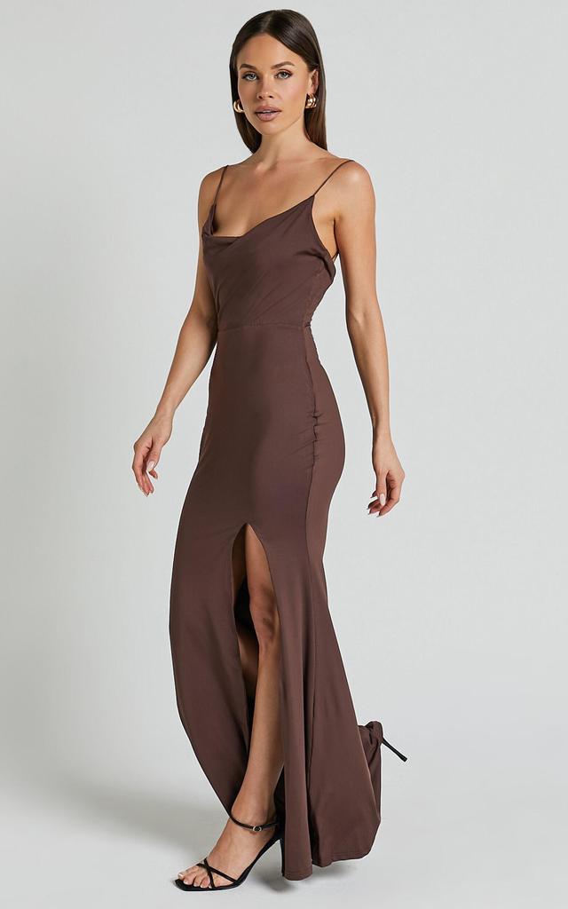 Tasteful Midi Dress - Cowl Neck Bodycon Thigh Split Dress in Dark Chocolate Product Image