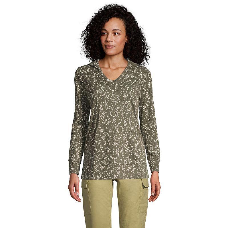 Womens Lands End Hooded Tunic Top Green Wheat Print Product Image