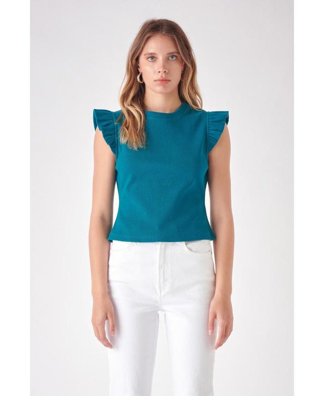 Free The Roses Women's Ruffle Knit Top, Teal, Large Product Image