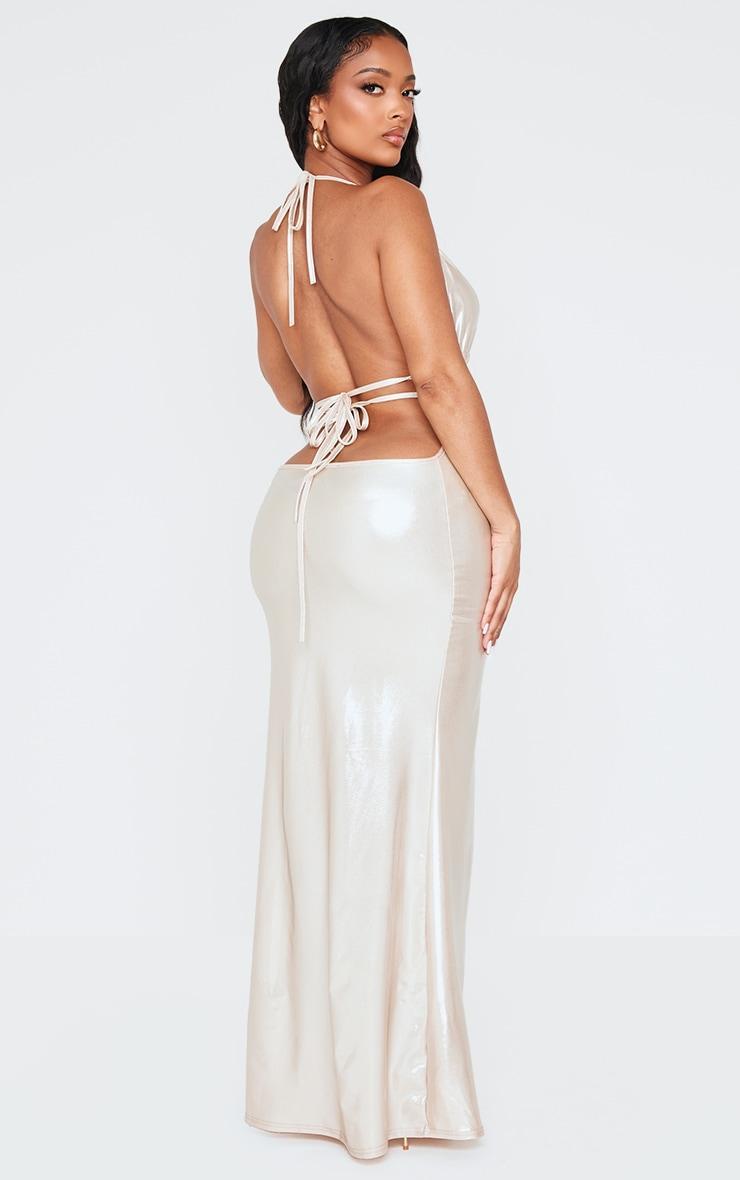 Shape Champagne Metallic Wet Look Plunge Front Halter Neck Maxi Dress Product Image