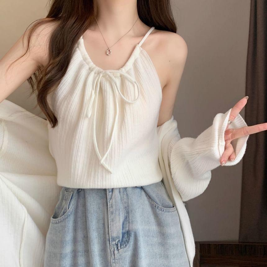 Set: Plain Bow Cami Top + Cardigan Product Image