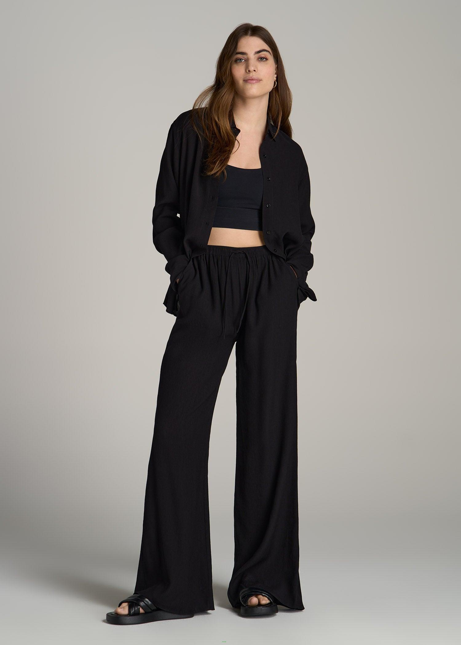 Crinkle Pull-on Wide-leg Pants for Tall Women in Black Product Image