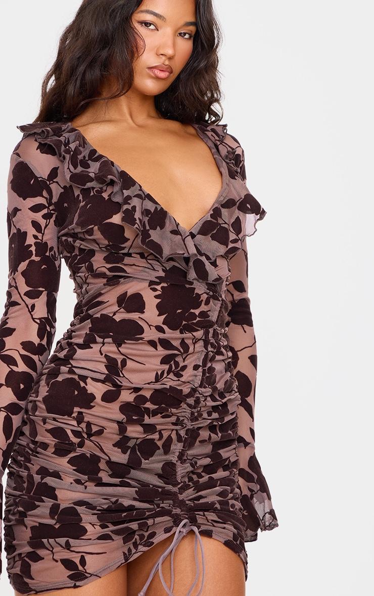 Dark Chocolate Floral Flocked Frill Detail Ruched Bodycon Dress Product Image