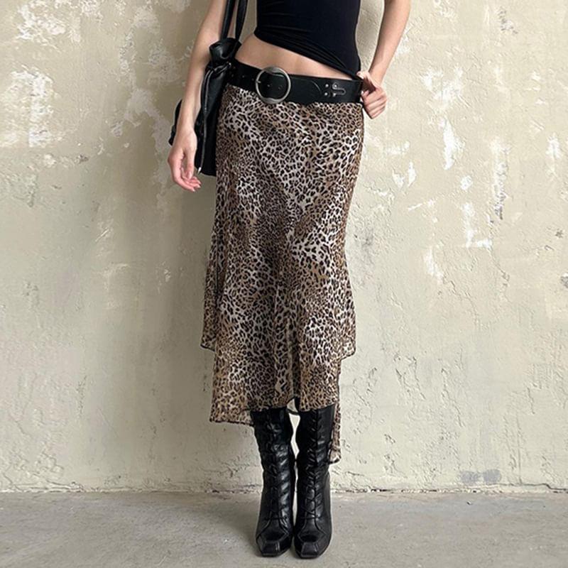 Leopard Print Asymmetrical Hem Skirt Product Image