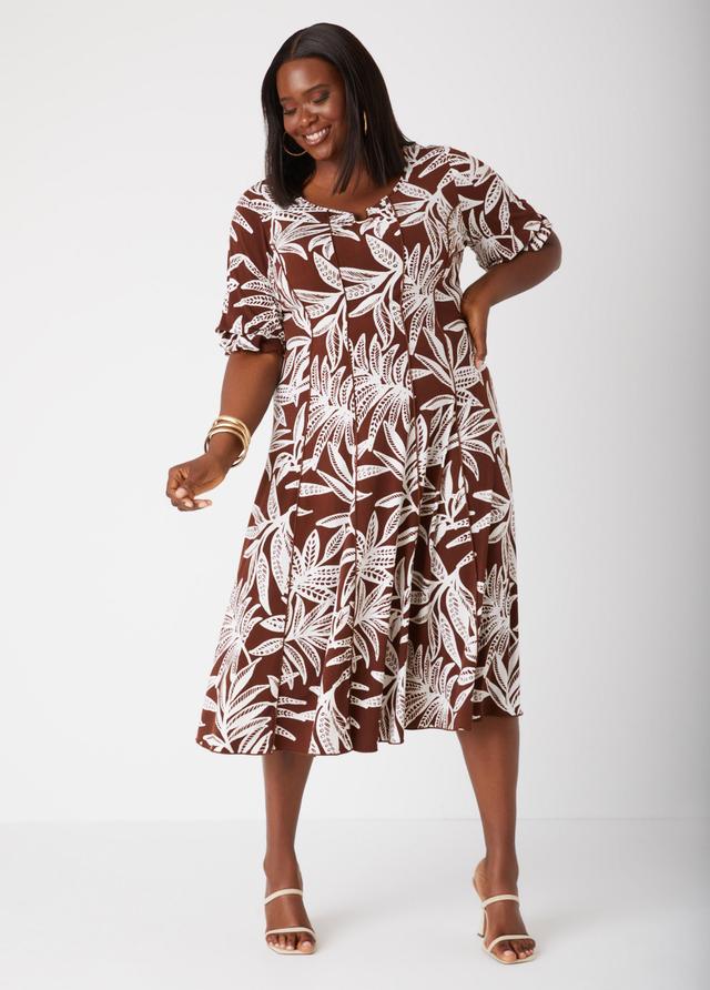 Plus Size U Ring Tropical Print Midi Dress, - Ashley Stewart Product Image