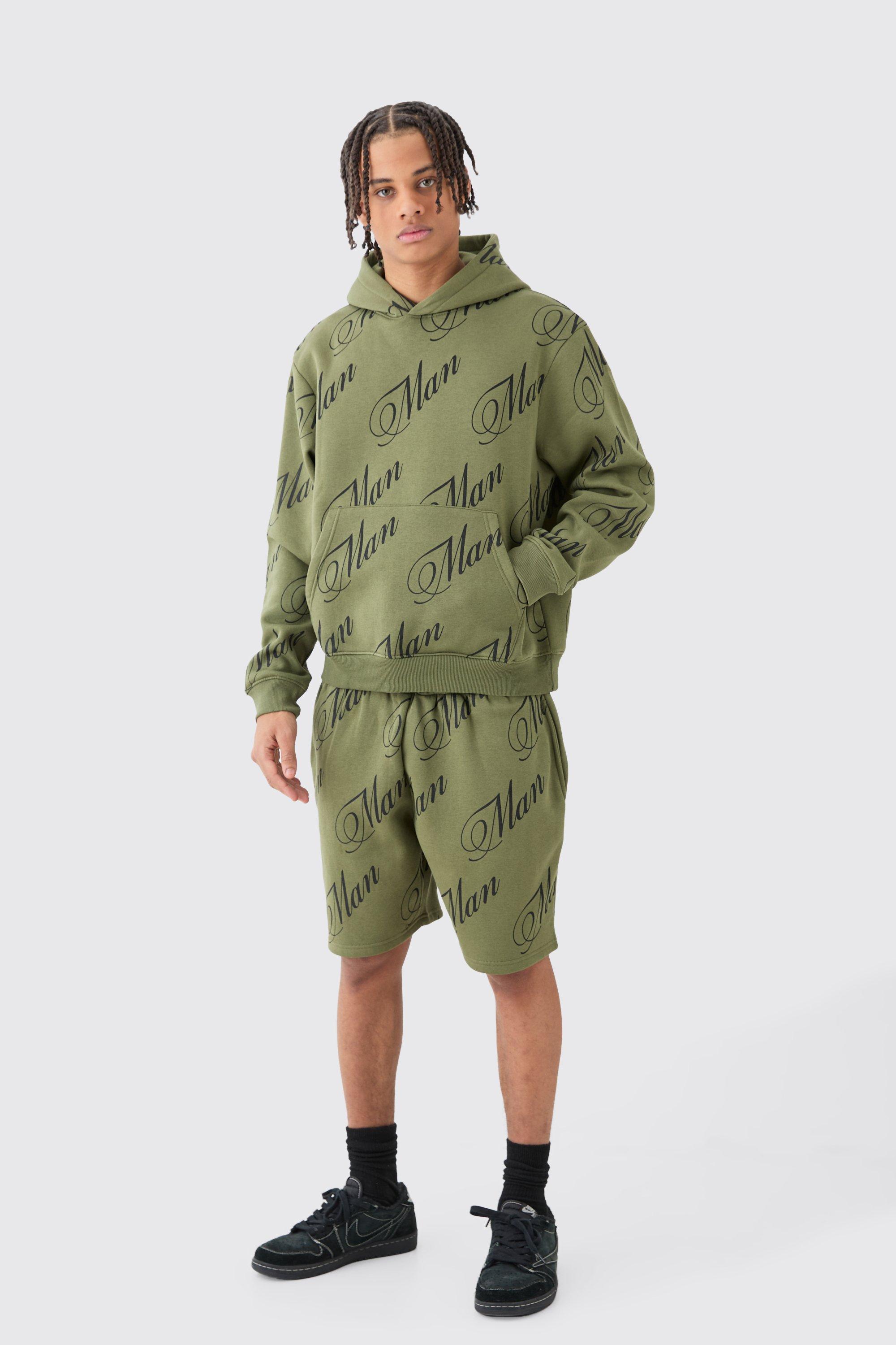 Man Script All Over Print Boxy Hooded Short Tracksuit | boohooMAN USA Product Image