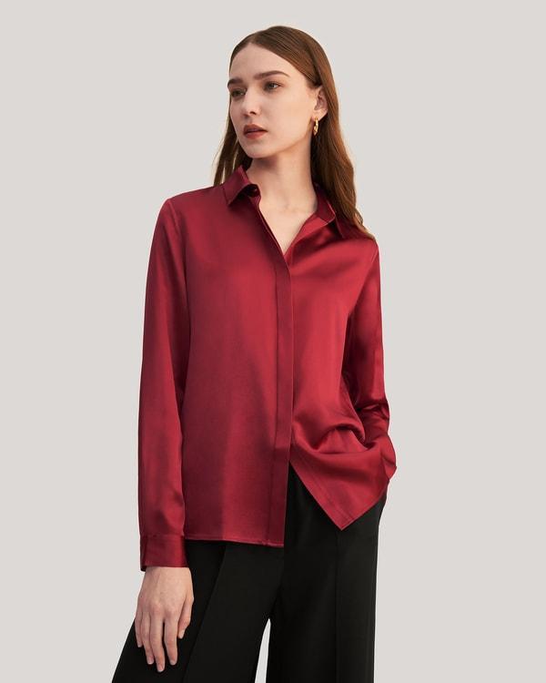 Basic Concealed Placket Silk Shirt Product Image