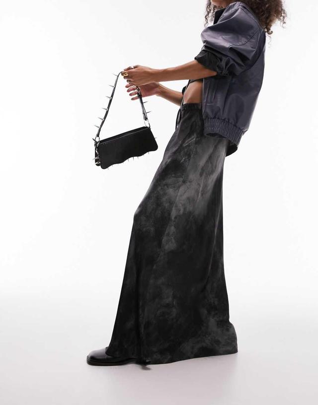 Topshop satin drawstring spray print maxi skirt in monochrome Product Image