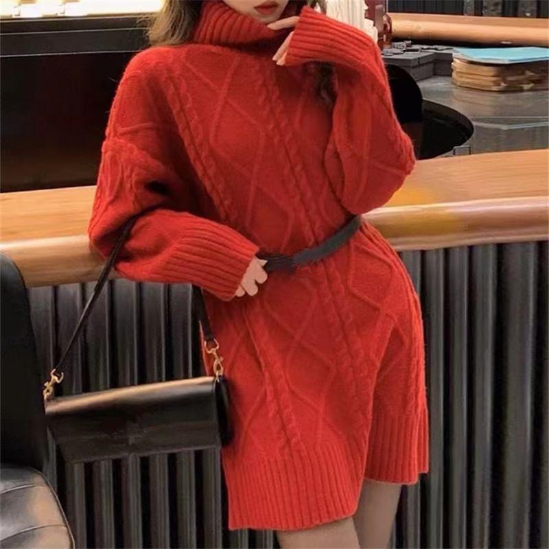 Long-Sleeve Turtleneck Plain Mini Sweater Dress Product Image