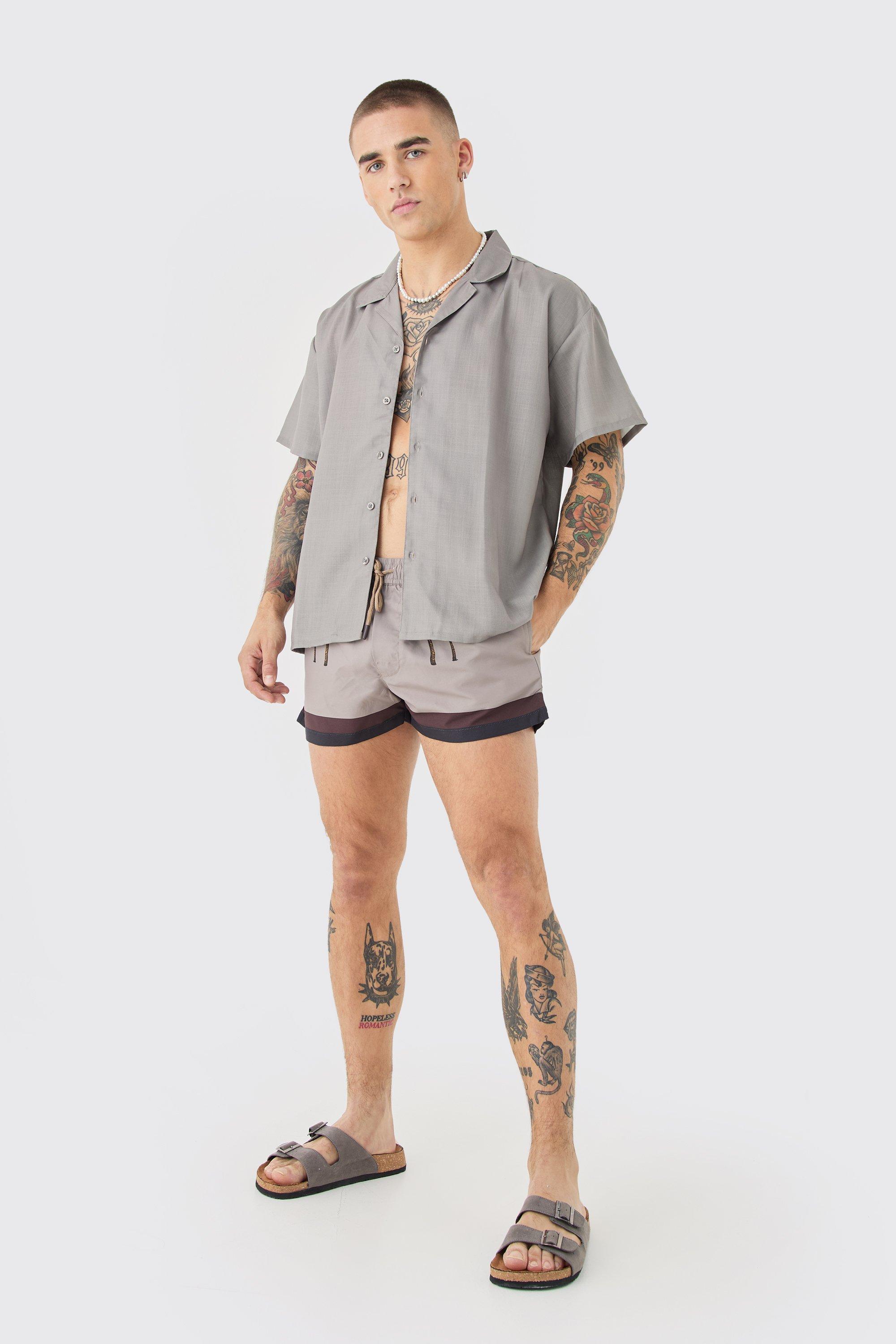 Boxy Homme Shirt & Swim Trunks Set | boohooMAN USA Product Image