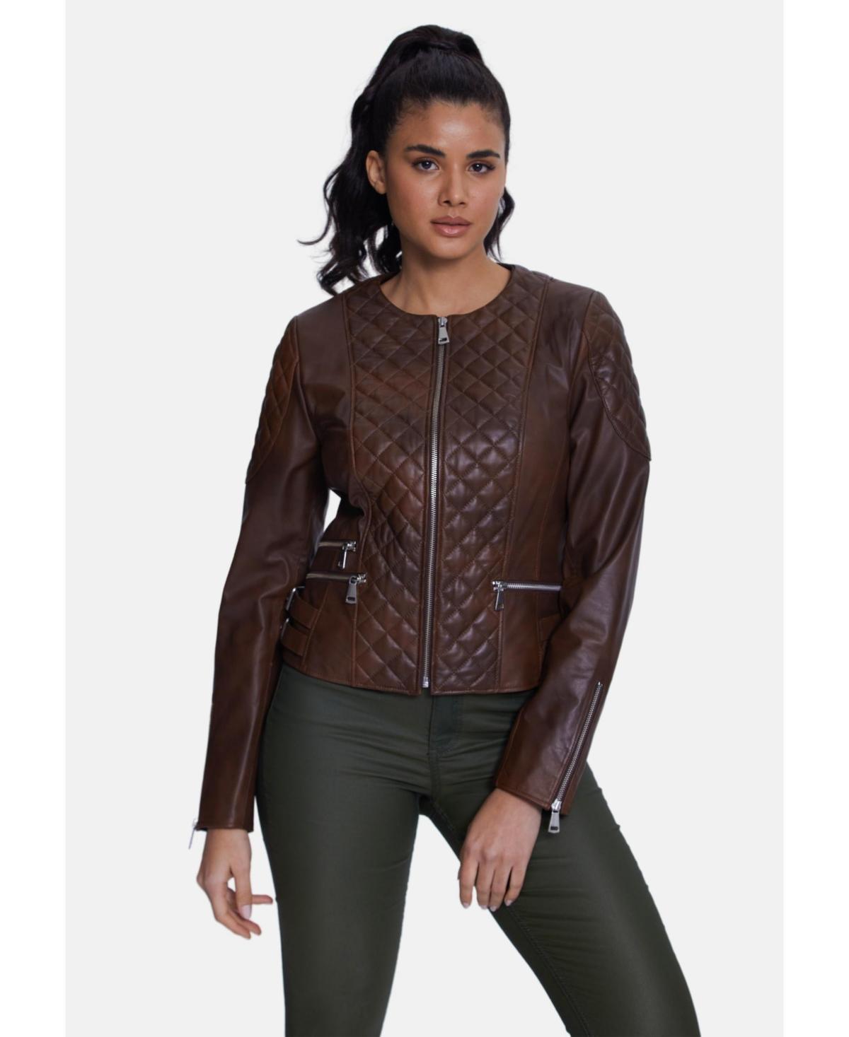 Womens Genuine Leather Quilted Biker Jacket Whiskey Product Image