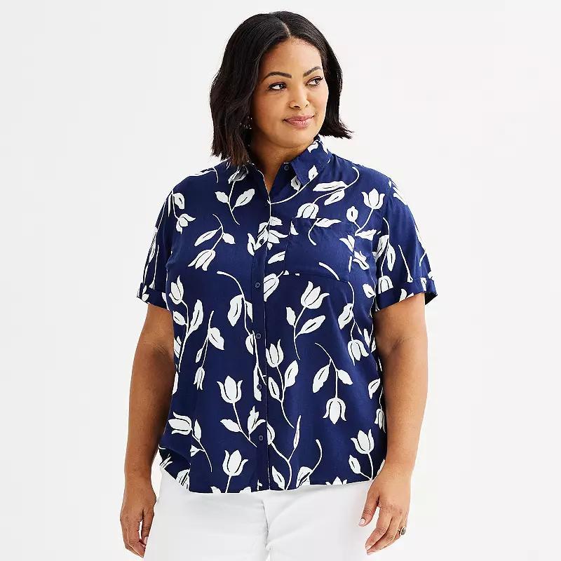 Plus Size Croft & Barrow Camp Shirt, Womens Blue Tossed Floral Product Image