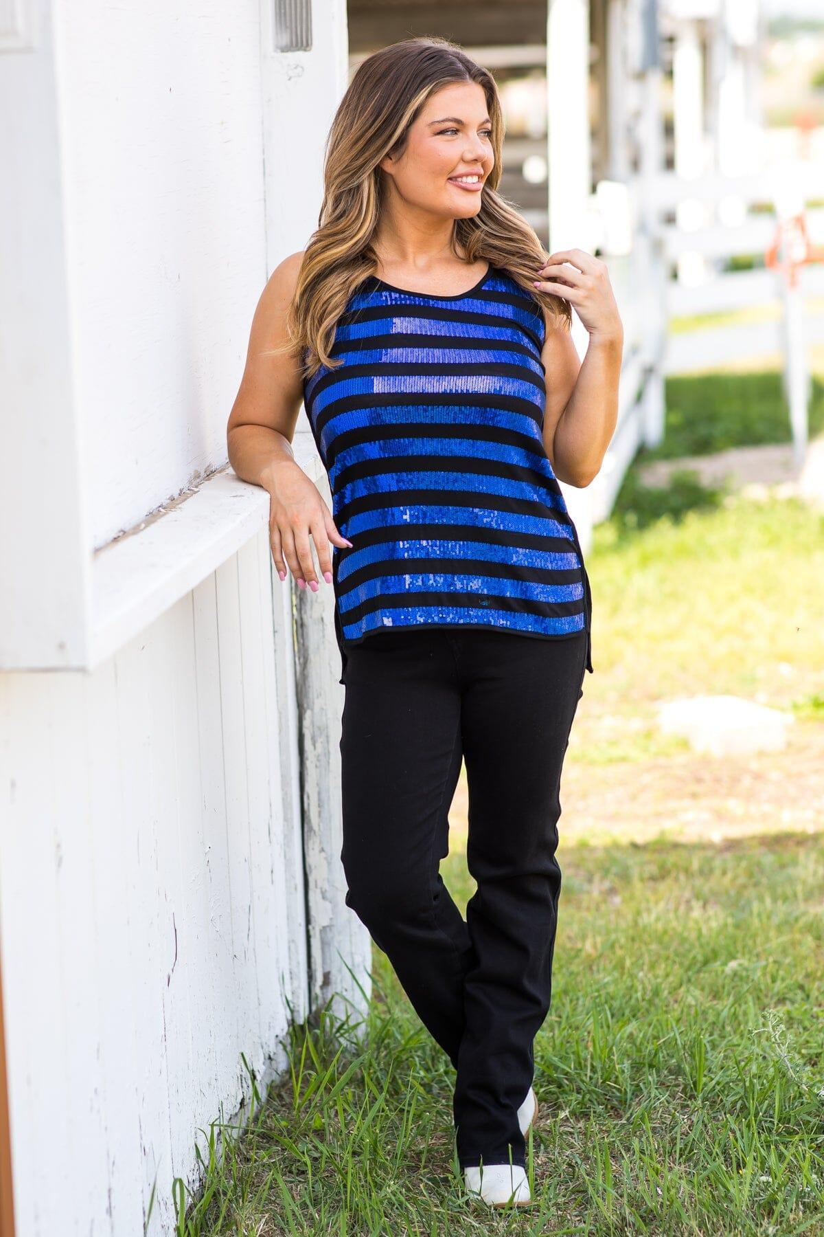 Blue and Black Sequin Stripe Tank Product Image