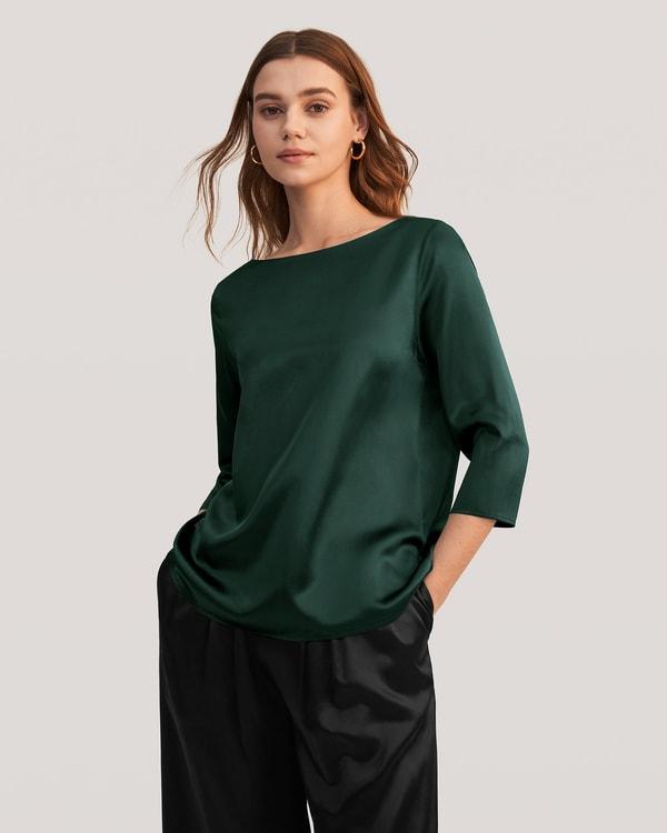 3/4 Sleeve Boat Neck Silk Blouse Product Image