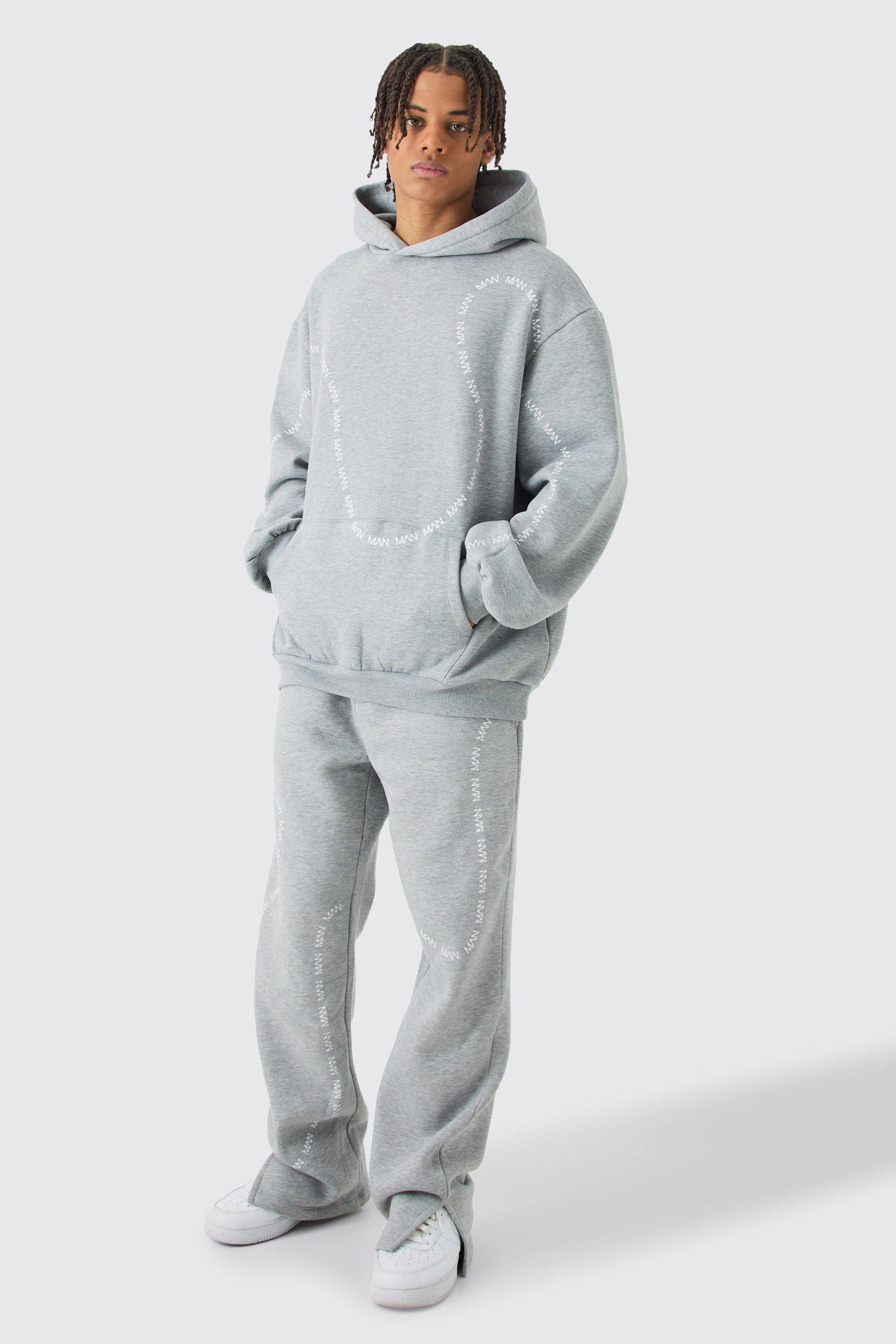 Mens Grey Oversized Man Dash Printed Split Hem Tracksuit, Grey Product Image