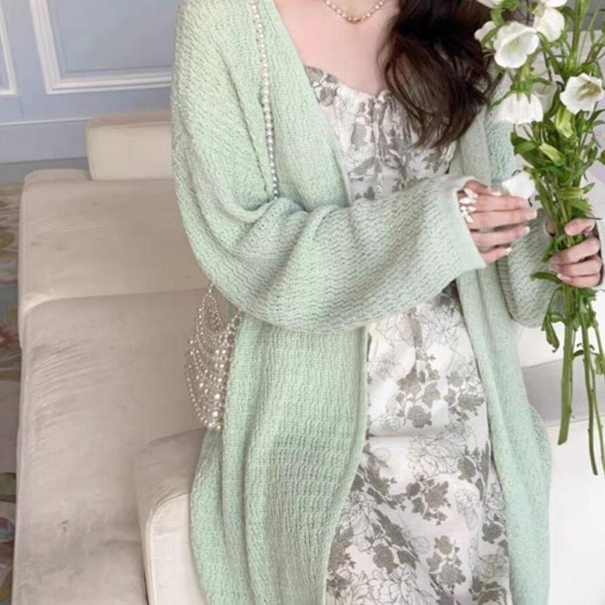 Plain Pointelle Open Front Long Cardigan Product Image