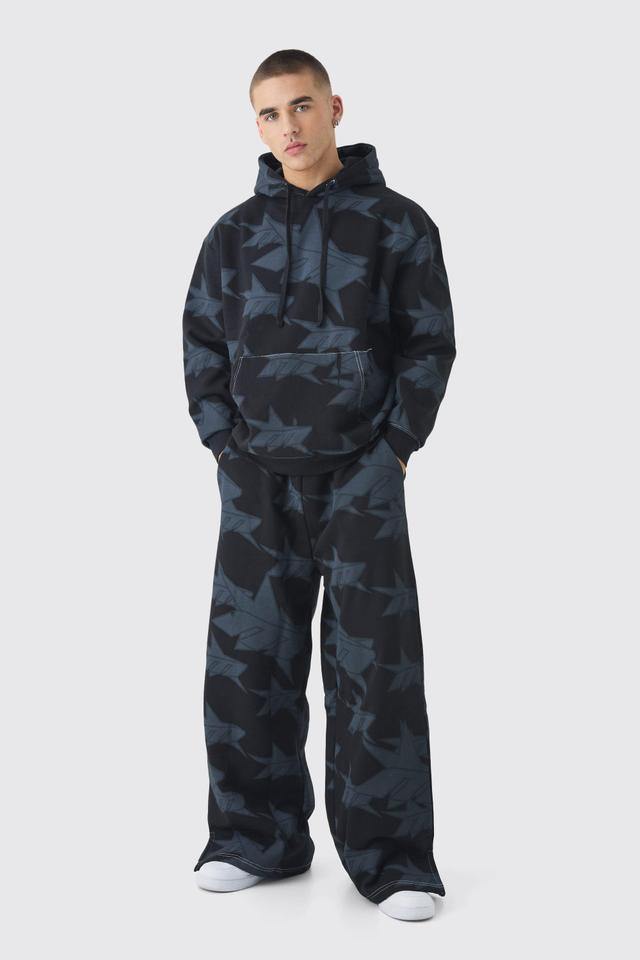 Oversized All Over Star Print Hooded Tracksuit | boohooMAN USA Product Image