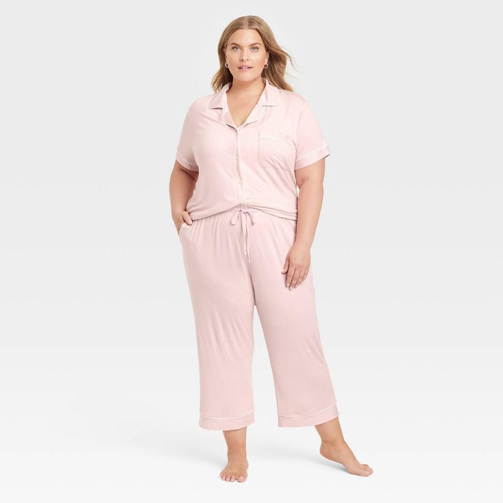 Womens Cloud Knit Short Sleeve Notch Collar Top and Cropped Pants Pajama Set - Auden /Striped 4X Product Image